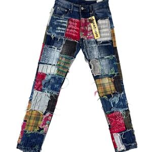 Watson Straight Jeans Mens 28 Blue Denim All Over Frayed Quilted Patchwork